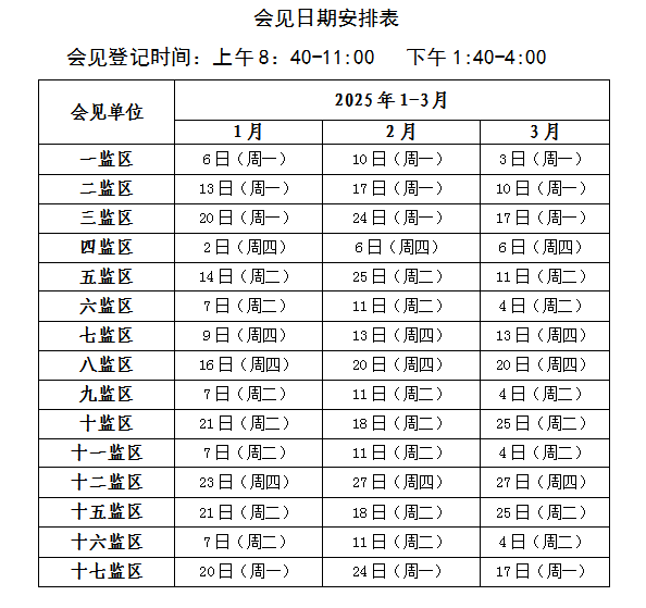 图片[4]-山东省鲁南监狱2025年会见日期公示（2025年1月--3月）-家书速递|在线寄信|网上寄信|寄信软件|监狱寄信|看守所寄信